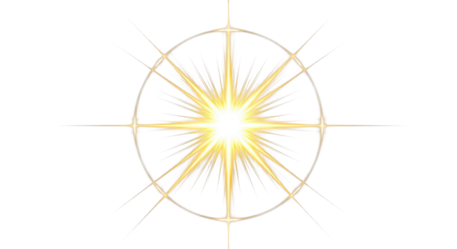 Radiant golden starburst light flare effect with many glowing beams inside a shining circle