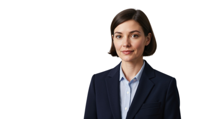 Professional woman in business suit posing with calm expression on transparent background.