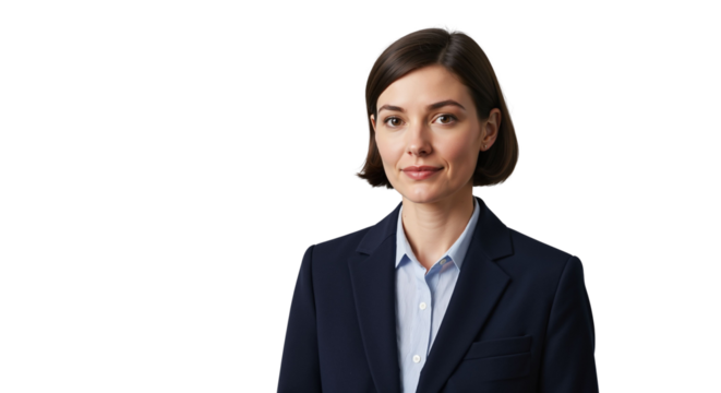 Professional woman in business suit posing with calm expression on transparent background.