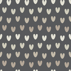 Calm, minimalist vector seamless pattern featuring rows of simple, solid hearts in muted taupe and beige against a deep charcoal background, ideal for sophisticated neutral design.