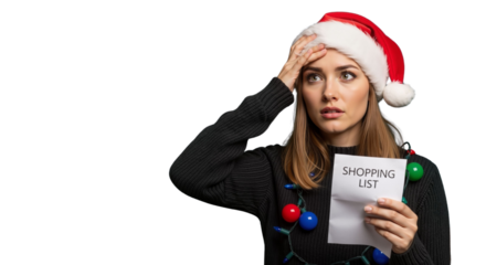 Young woman in Santa hat on transparent background looking stressed about her shopping list.
