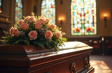 Closed polished wooden coffin holds pink rose flower arrangement in church. Stained glass windows provide light in background, creating solemn atmosphere. Scene funeral, memorial, wake service.
