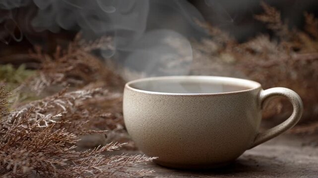 Rustic ceramic cup filled with steaming beverage, surrounded by autumn foliage, showcasing gradual zoom in on the scene's warmth and texture