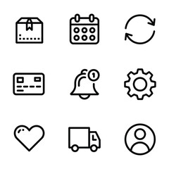 Set of nine black outline icons for e-commerce, delivery, and user services package calendar