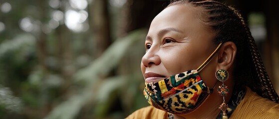Portrait of a middle-aged woman wearing a colorful cloth mask and earrings in a park setting during daylight