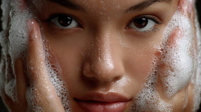 Close-up of a woman's face covered in soapy lather, eyes gazing straight ahead, fresh skin, a moment of skin care. Hydration, self-care ritual. - Powered by Adobe
