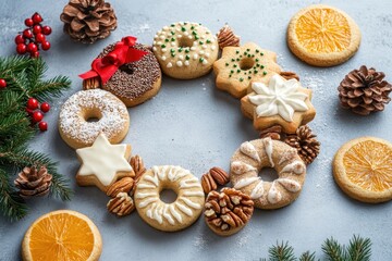 Christmas Cookies wreath. Assorted cookies. Assorted cookies: linzer cookies,shortbread, nuts cookie, orange almond cookie.