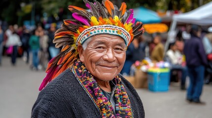Old indigenous man from the Amazon forest wearing a colorful feather headdress on a sunny day with a blurred background