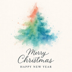 Obraz premium Watercolor Christmas Tree with Merry Christmas and Happy New Year Greeting