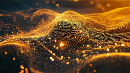 Golden digital wave particles flowing through abstract network - Powered by Adobe