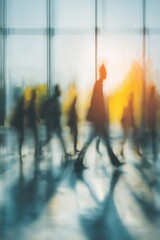Crowd of people in businesswear walking past tall glass windows in a bright city lobby, energetic but balanced blur