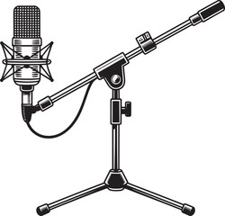 Black and white illustration of condenser studio microphone with shock mount on boom stand © lok0077