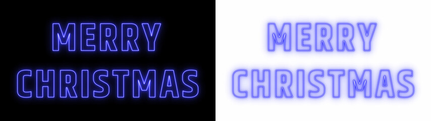 Merry Christmas glowing neon text design in blue on black and white background, festive holiday typography for modern celebrations