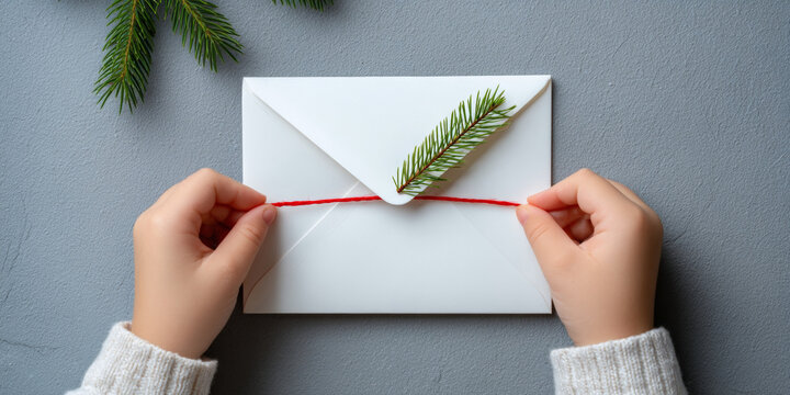 Hands tying red string around white envelope decorated with green pine twig on gray surface with additional pine branches - Powered by Adobe