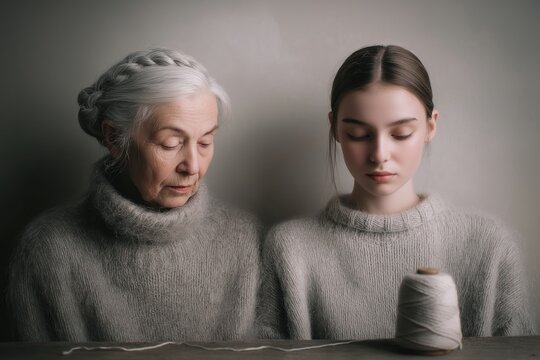 Elderly woman teaching granddaughter how to sew by hand, both wearing sweaters, focused expressions