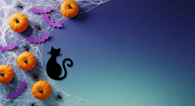 A festive Halloween scene with orange pumpkin, black cat, violet bat, spider, and white spiderweb, representing spooky, mystery, and autumn celebration