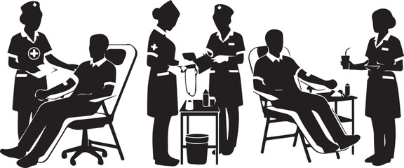 Medical professionals performing blood donation procedures with donors seated in chairs silhouette