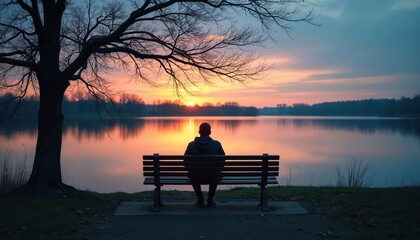 Man sits alone on park bench at sunset overlooking lake. Bare tree branches frame calm water. Dusk light paints sky in warm hues. Tranquil outdoor scene.