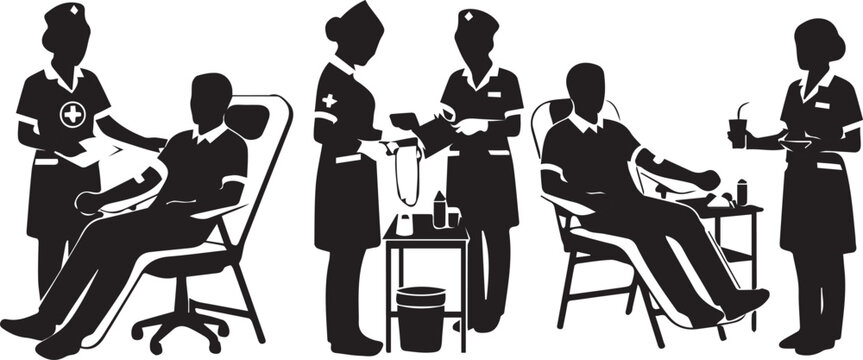 Medical professionals performing blood donation procedures with donors seated in chairs silhouette