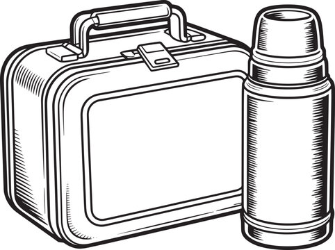 Classic metal lunch box and insulated drink thermos vintage engraved illustration style black white line art vector