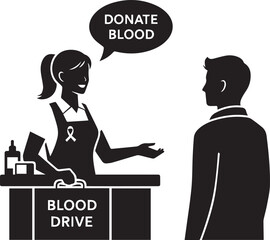 Woman in silhouette invites man to donate blood at a blood drive event