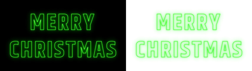 Merry Christmas glowing neon text design in green on black and white background, festive holiday typography for modern celebrations