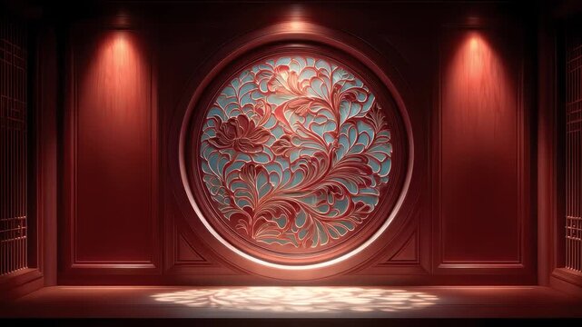 Classical Red Wood Flower Window Background in Tang Style
