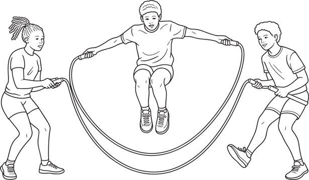 Line art illustration of three young people playing double dutch jumping rope together