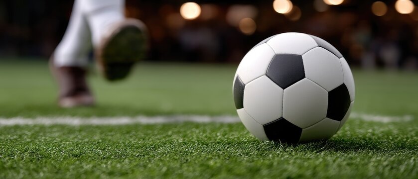 Close-up view of a soccer player kicking the ball on a stadium field at night with blurred fans in the background during an exciting match