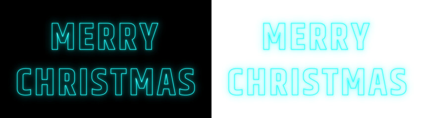 Merry Christmas glowing neon text design in cyan on black and white background, festive holiday typography for modern celebrations
