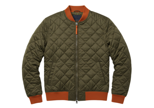Isolated olive green quilted bomber jacket with orange ribbing, casual and comfortable