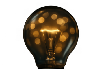 Illuminated light bulb glowing with warm light, representing new ideas, innovation, and inspiration on transparent background