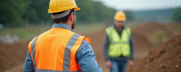 Two construction workers wearing safety helmets and vests talk at a dirt site. One man faces camera, another stands further away, discussing project plans outdoors.