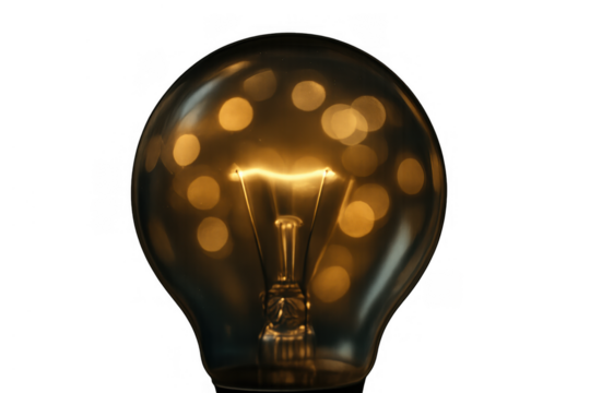 Illuminated light bulb glowing with warm light, representing new ideas, innovation, and inspiration on transparent background