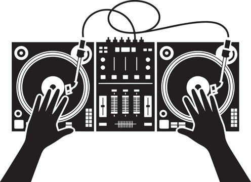 Silhouette of dj hands scratching vinyl records on professional twin turntable mixer setup