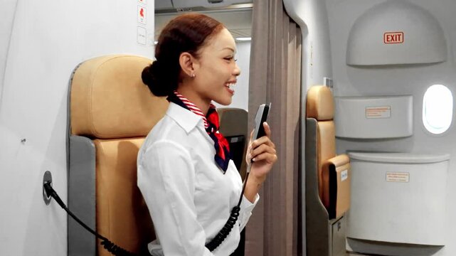 Smiling flight attendant on an airplane jumpseat speaks into a cabin intercom, preparing safety announcements inside a modern aircraft. Inflight cabin airline service business concept