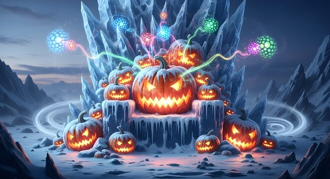 Frozen Pumpkin Explosion, Magical Light Stream, Ice Cavern Fantasy

Jack-O'-Lantern Power, Vibrant Swirls of Energy, Icy Landscape

Winter Halloween Magic, Glowing Carved Gourd, Cold Night Scene