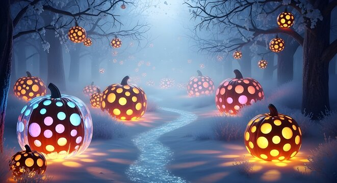 Enchanted Winter Forest, Hanging Pumpkin Lanterns, Misty Snow

Spooky Hollow Trees, Glowing Orange Orbs, Cold Foggy Landscape
