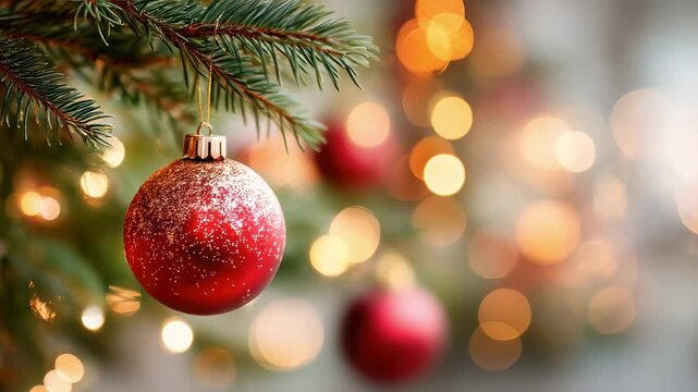 Christmas ornament hangs from a pine branch, camera slowly zooms in, capturing festive bokeh lights and vibrant holiday atmosphere