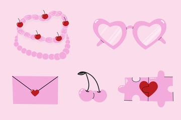 Set of romantic elements. Pink retro stickers. Valentine's Day concept.