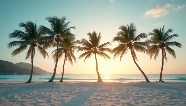 Palm trees line white sand beach next to calm turquoise water under soft blue sky during golden hour. Gentle waves lap shore, with distant hills visible across sea. Perfect tropical paradise.