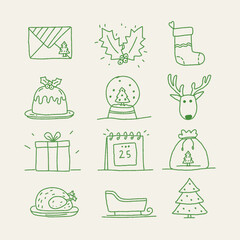 Vintage vector retro hand-drawn Christmas and New Year icons set in chalk crayon doodle style.Grunge sketch elements for festive winter parties, posters banners,greeting cards,and holiday invitations.