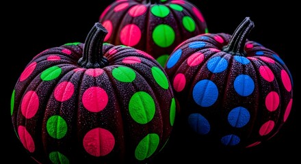 Vibrant Neon Polka Dot Pumpkins Glowing in the Dark