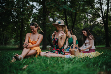A group of women relax on a grass lawn having a picnic in the park. They wear casual summer dresses, share snacks, and enjoy conversation under trees with a wicker basket nearby.