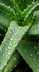 Close-up view of aloe vera leaves glistening with water droplets after a fresh rain shower in a sunny garden setting