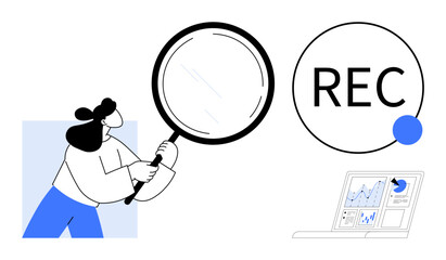 Woman holds magnifying glass near REC indicator and laptop displaying charts. Ideal for research, analysis, data recording, focus, insights, investigation, and auditing. A simple flat metaphor