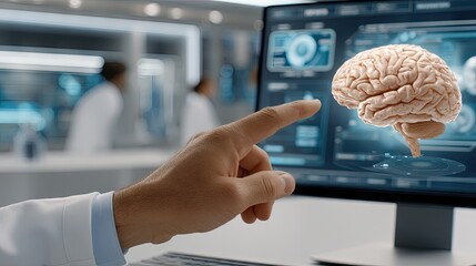 Close-up of doctor's hand interacting with AI interface in a modern medical lab with patient data and a holographic brain model