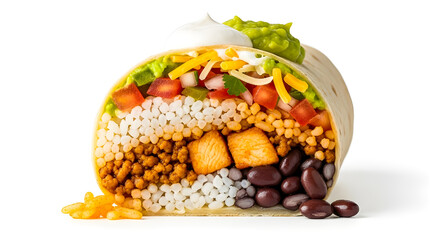 Juicy burrito sliced to reveal filling layers