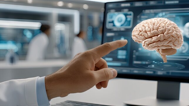 Close-up of doctor's hand interacting with AI interface in a modern medical lab with patient data and a holographic brain model