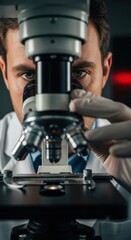 Obraz premium Laboratory scientist observing samples through a microscope in a research facility during afternoon hours